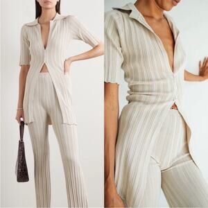 The Line by K Sand Tan Ribbed Collared Short Sleeve Daisy Cardigan - XS